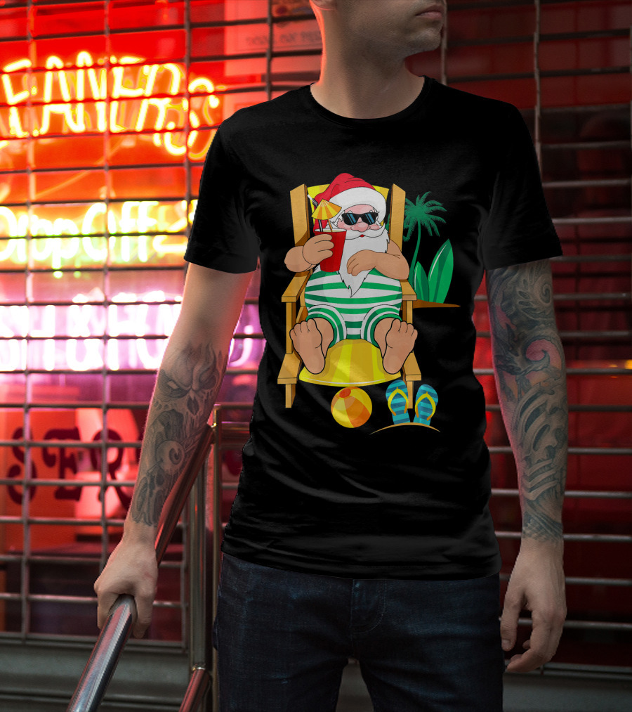 Christmas In July Santa Relaxing On Beach Chair With Cocktail And Palm Tree T-Shirt