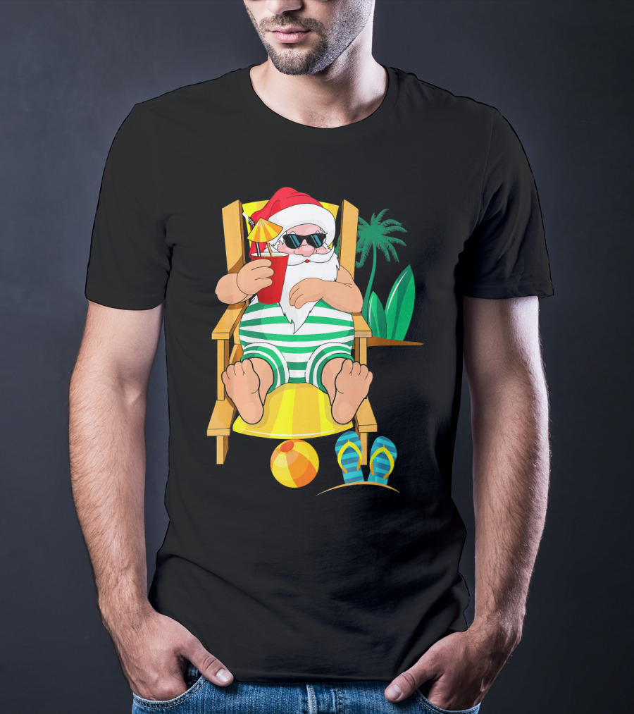 Christmas In July Santa Relaxing On Beach Chair With Cocktail And Palm Tree T-Shirt