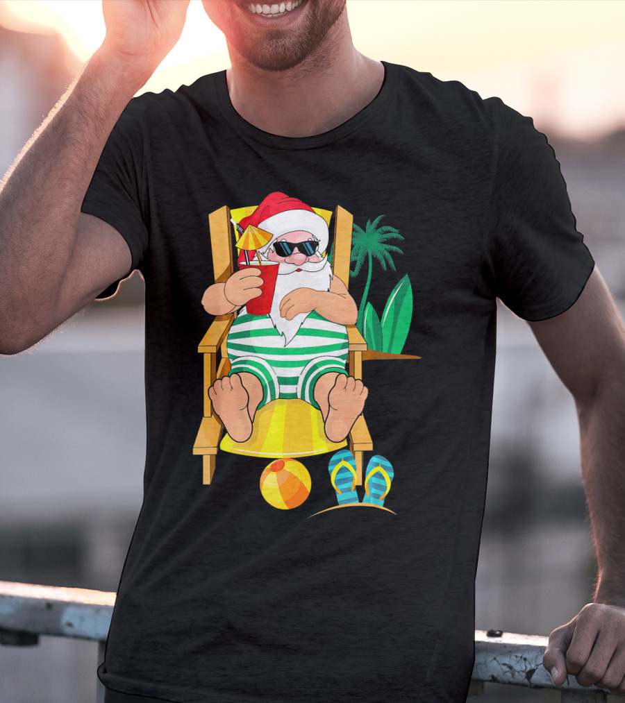 Christmas In July Santa Relaxing On Beach Chair With Cocktail And Palm Tree T-Shirt