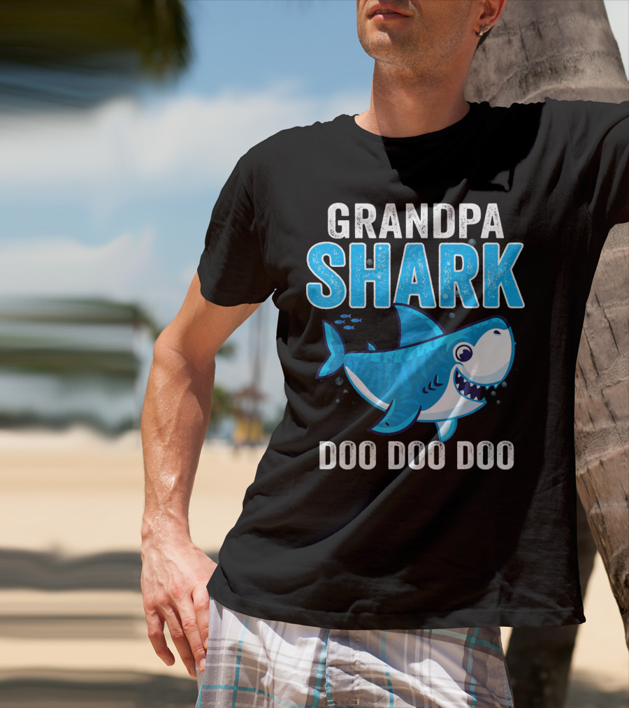 Grandpa Shark Doo Doo Doo Bright Blue Cartoon Shark T-Shirt