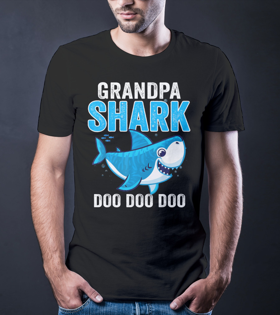 Grandpa Shark Doo Doo Doo Bright Blue Cartoon Shark T-Shirt