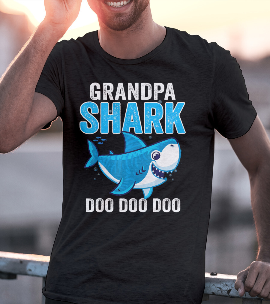 Grandpa Shark Doo Doo Doo Bright Blue Cartoon Shark T-Shirt