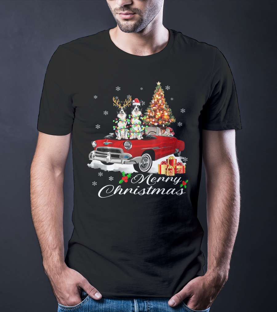 Merry Christmas Border Collie On Red Holiday Truck With Gifts And Tree T-Shirt