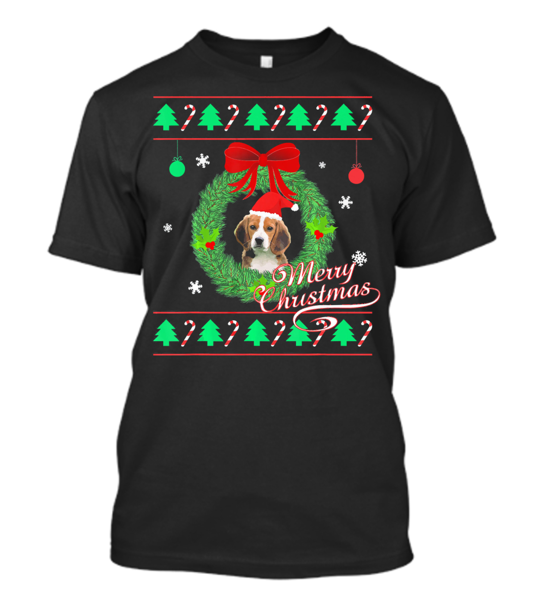 Merry Christmas Beagle Puppy Wreath Candy Canes Snowflakes T-Shirt