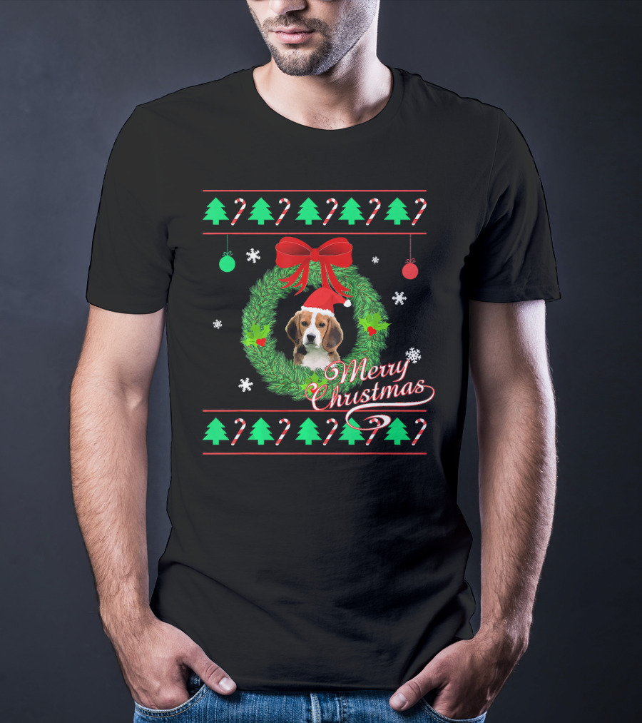 Merry Christmas Beagle Puppy Wreath Candy Canes Snowflakes T-Shirt