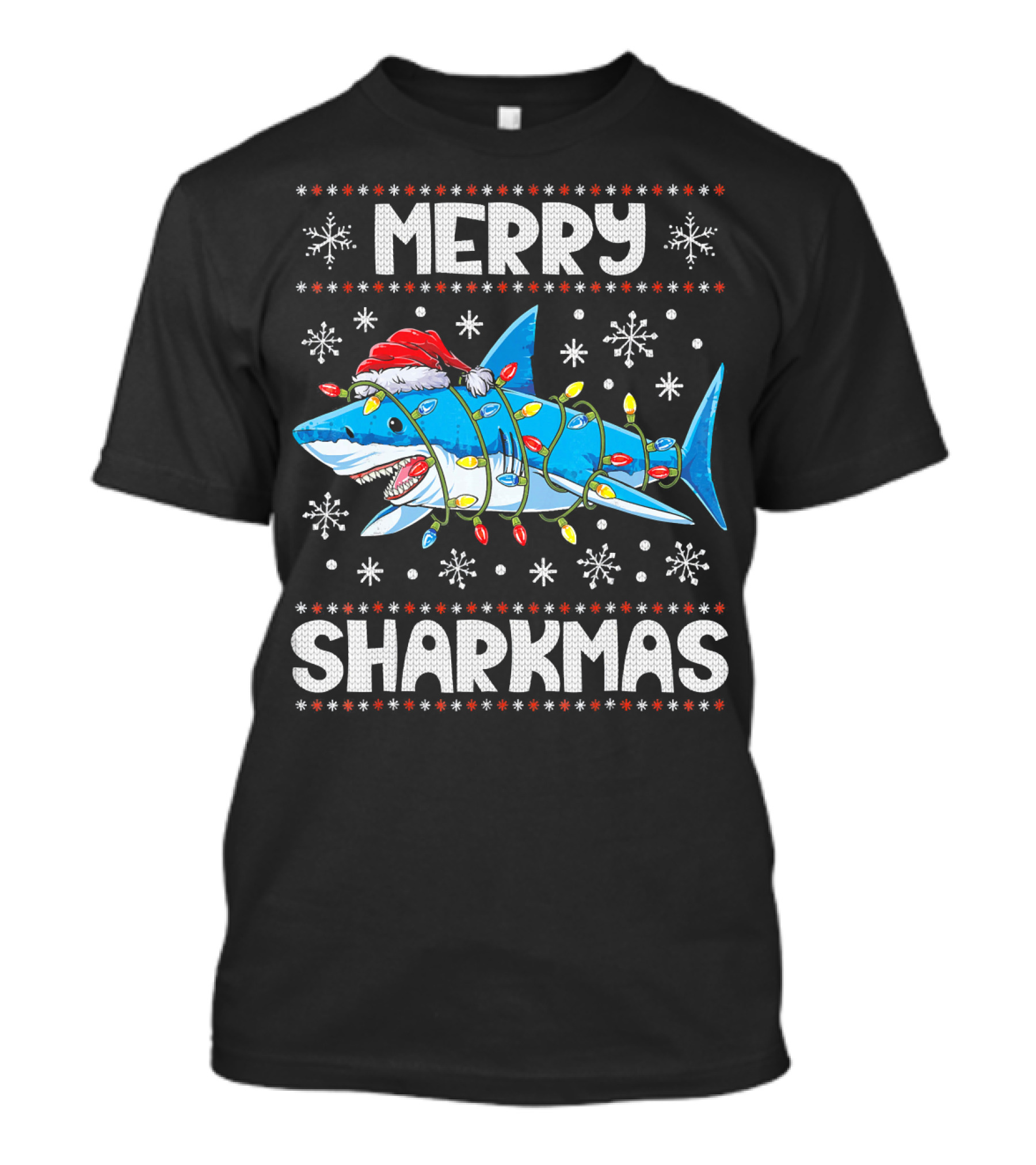 Merry Sharkmas Shark Santa With Lights And Snowflakes T-Shirt