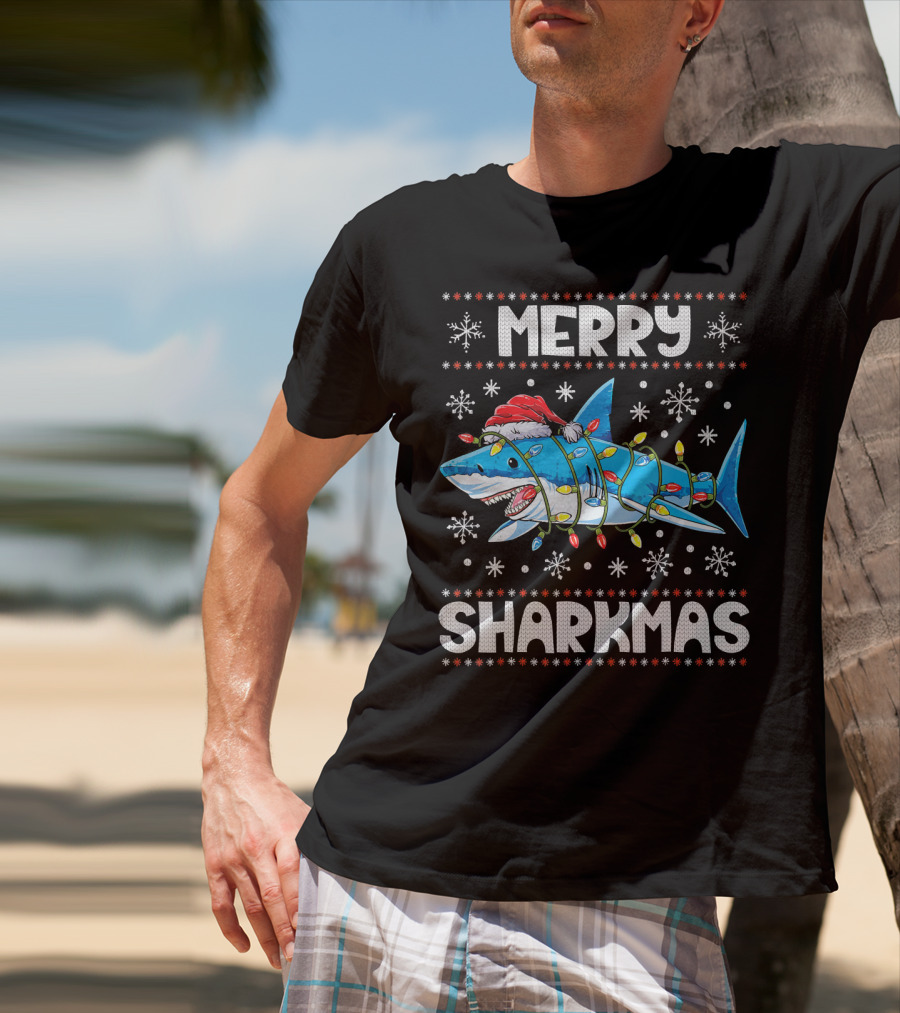 Merry Sharkmas Shark Santa With Lights And Snowflakes T-Shirt