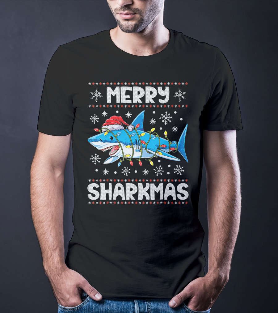 Merry Sharkmas Shark Santa With Lights And Snowflakes T-Shirt