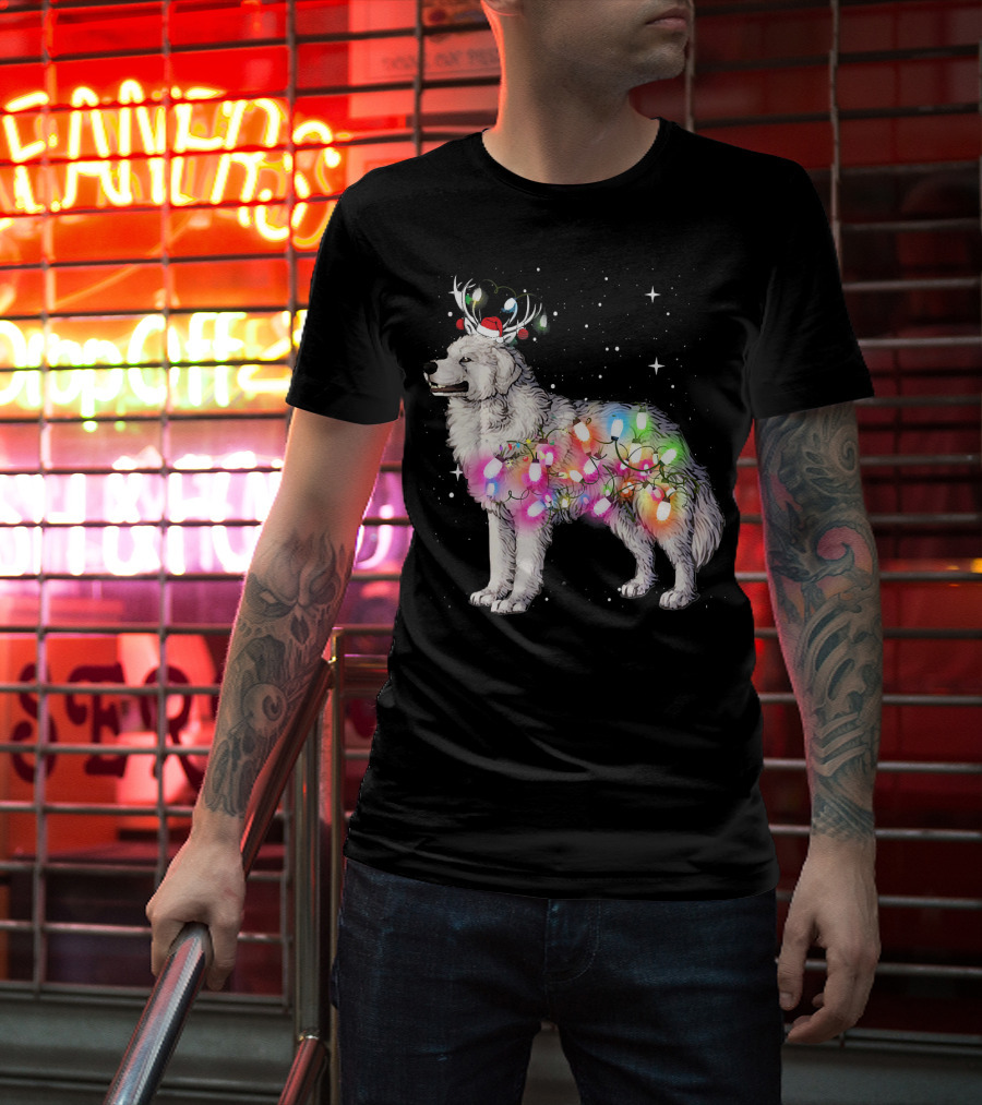 Christmas Lights Great Pyrenees With Reindeer Antlers And Santa Hat T-Shirt