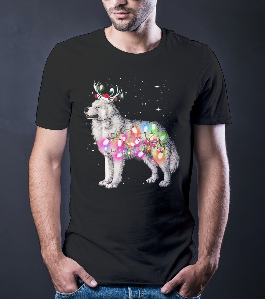 Christmas Lights Great Pyrenees With Reindeer Antlers And Santa Hat T-Shirt
