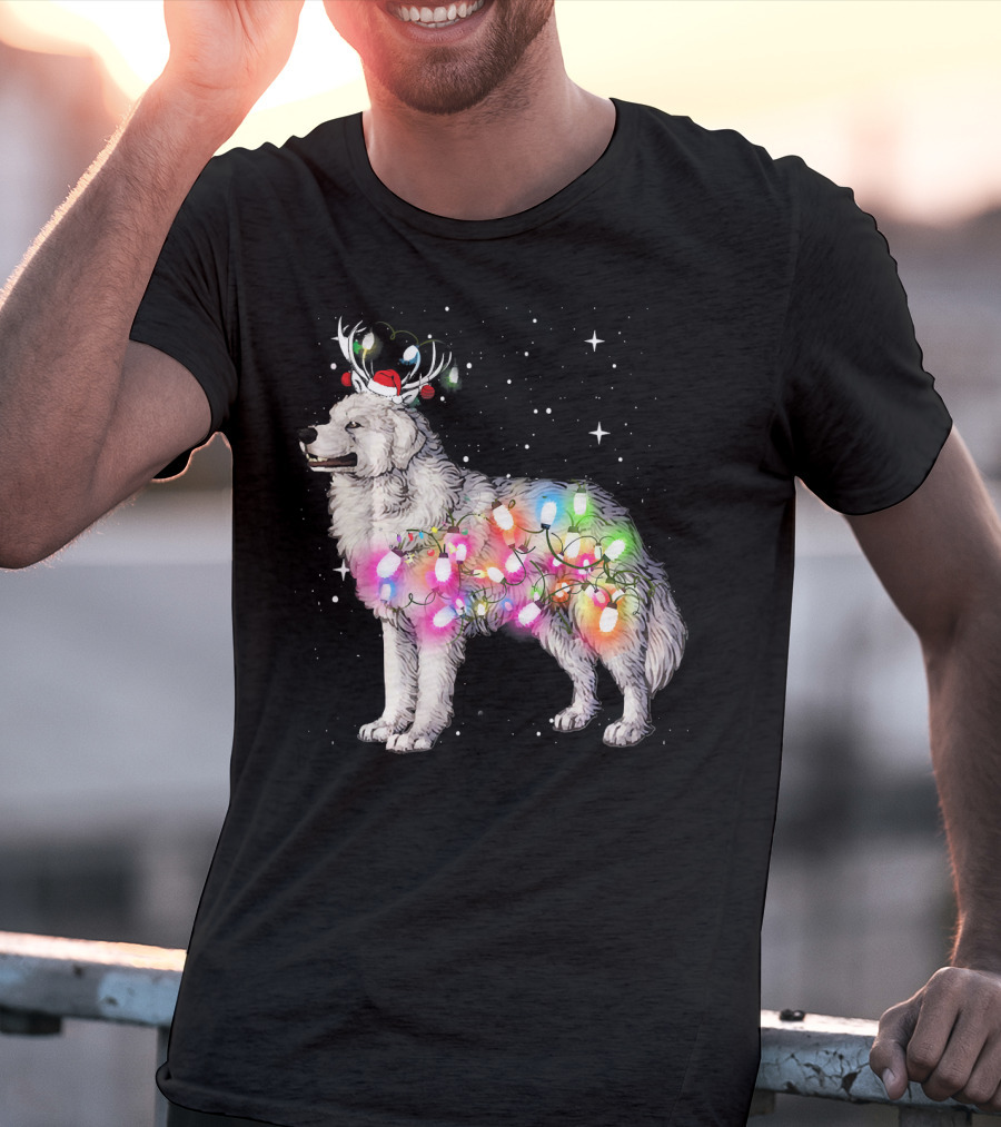 Christmas Lights Great Pyrenees With Reindeer Antlers And Santa Hat T-Shirt