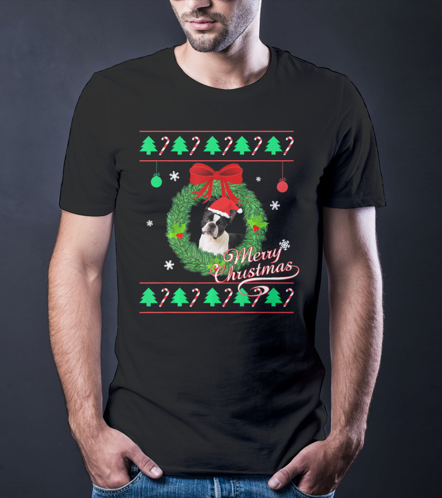 Merry Christmas Boston Terrier Wreath Candy Cane Trees T-Shirt