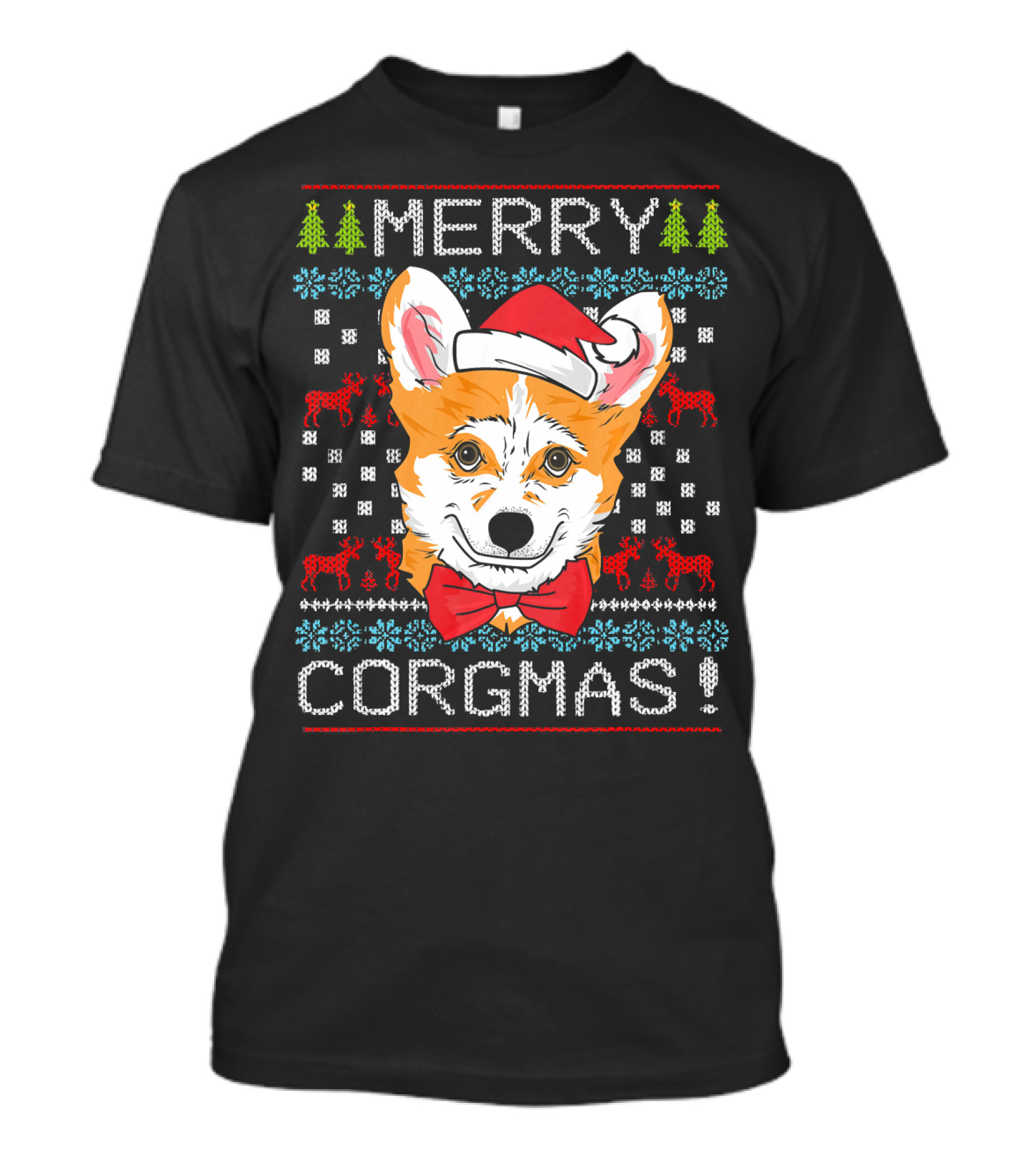 Merry Corgmas Christmas Corgi Santa Hat Festive Trees Bowtie Reindeer T-Shirt