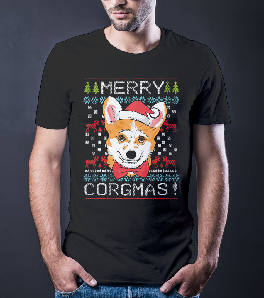 Merry Corgmas Christmas Corgi Santa Hat Festive Trees Bowtie Reindeer T-Shirt
