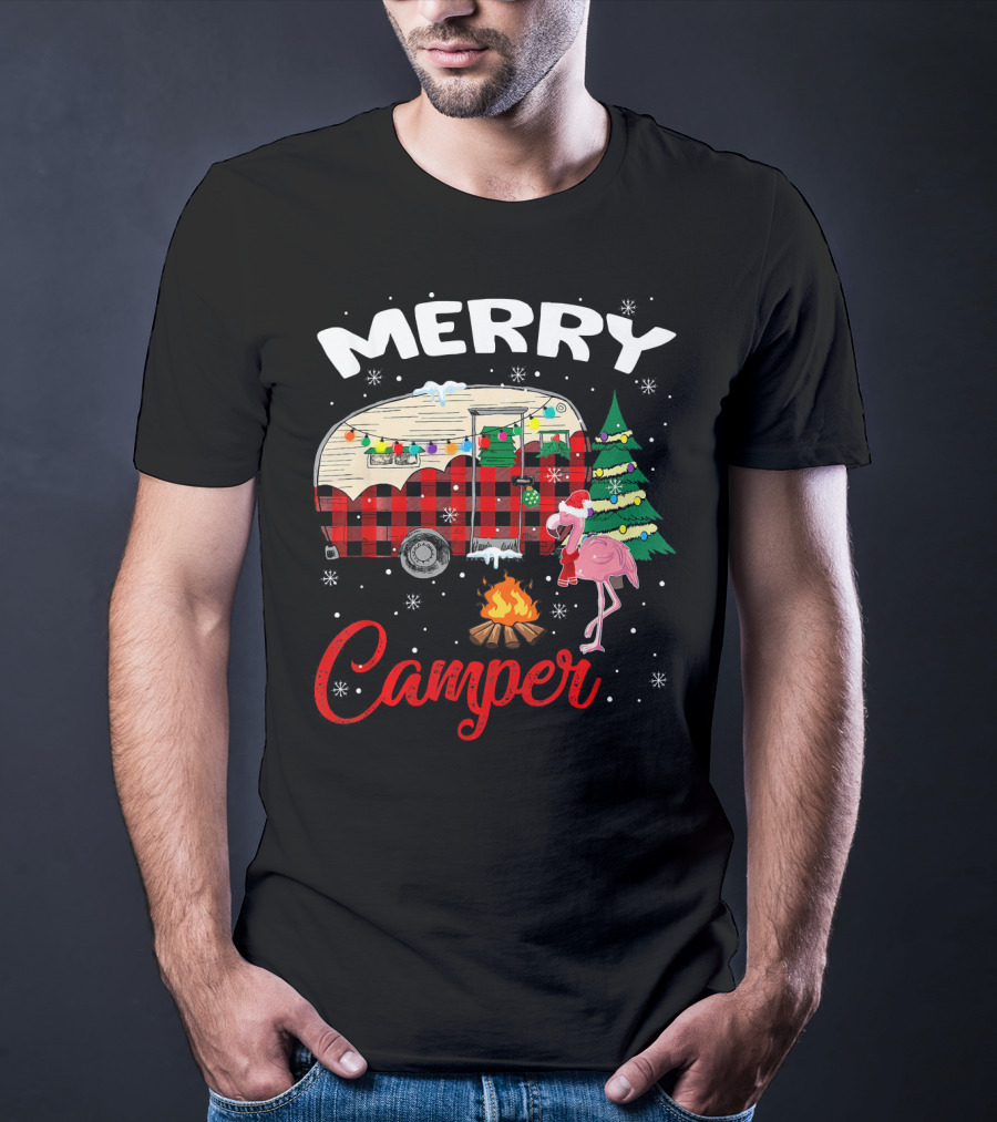 Merry Camper Christmas Camping Flamingo And Campfire Scene T-Shirt