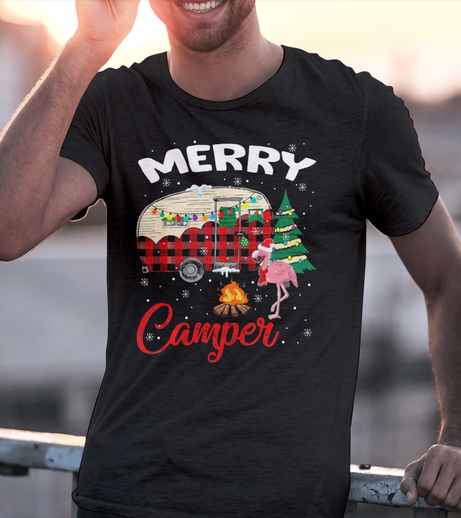 Merry Camper Christmas Camping Flamingo And Campfire Scene T-Shirt