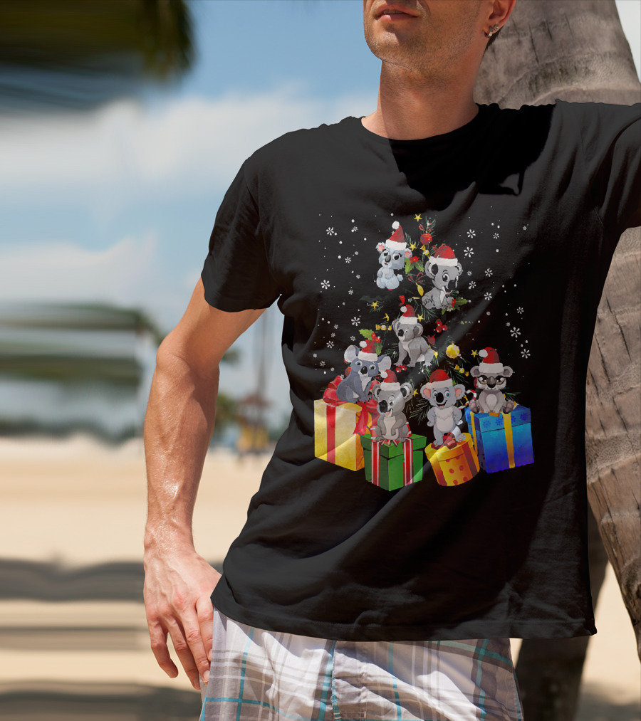 Christmas Koala With Santa Hats And Gifts On Snowy Pine Tree T-Shirt