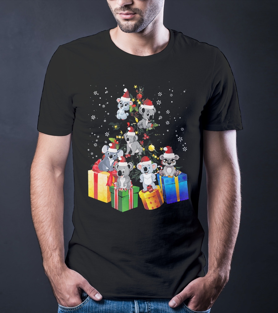 Christmas Koala With Santa Hats And Gifts On Snowy Pine Tree T-Shirt