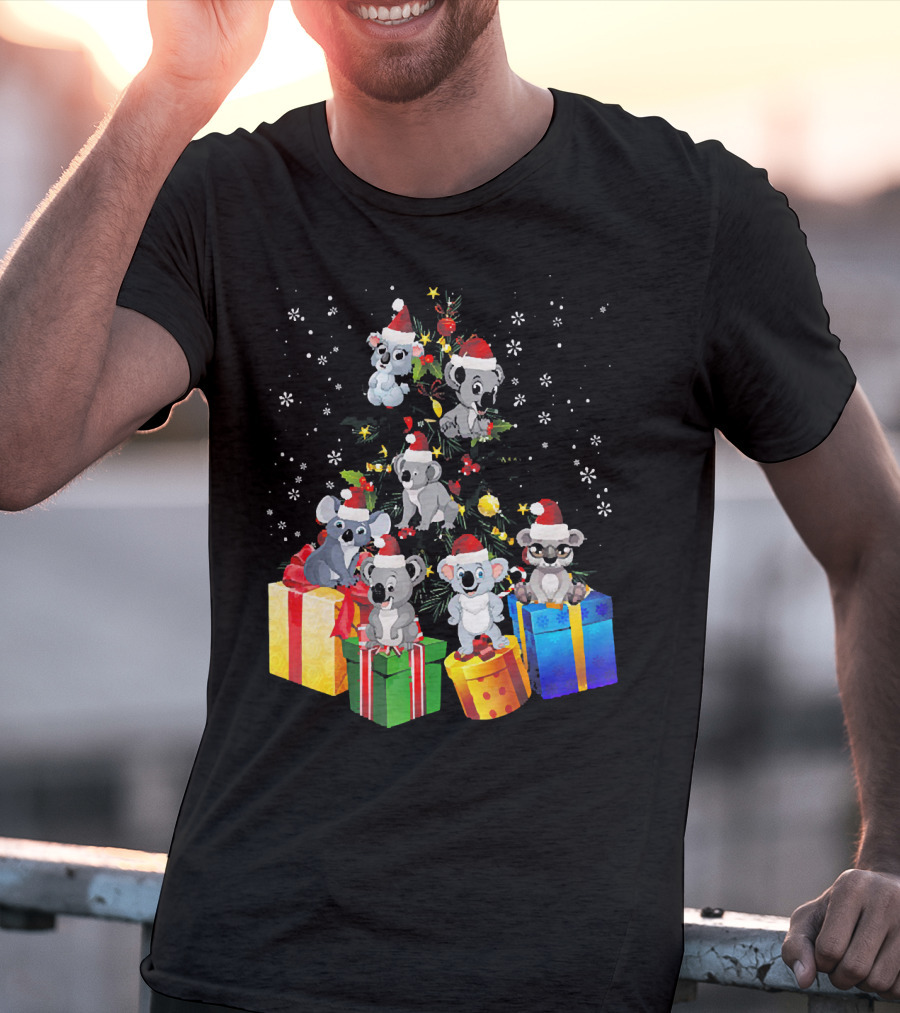 Christmas Koala With Santa Hats And Gifts On Snowy Pine Tree T-Shirt