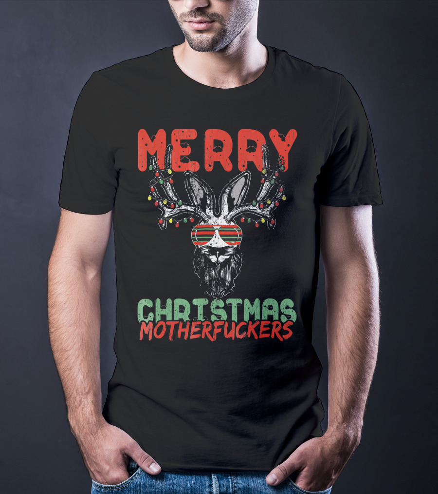 Merry Christmas Motherfuckers Reindeer Skull Holiday Lights T-Shirt