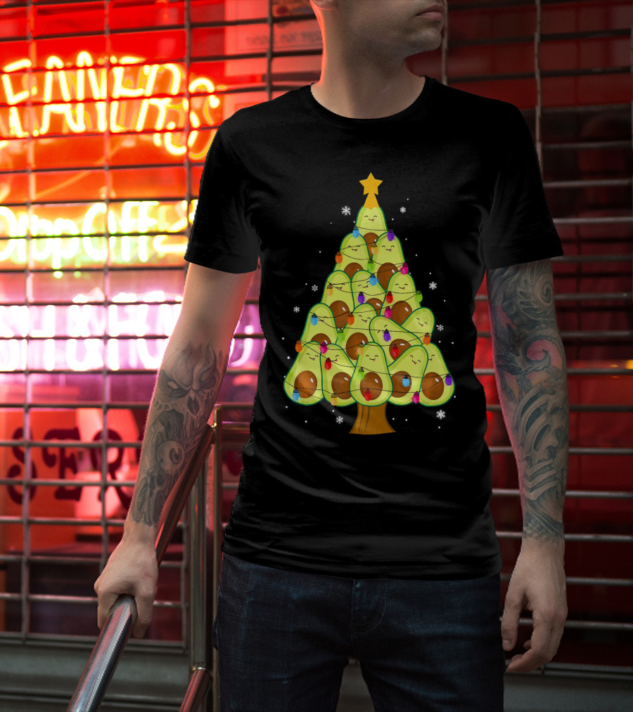 Avocado Christmas Tree With Colorful Lights Vegan Guac Green T-Shirt