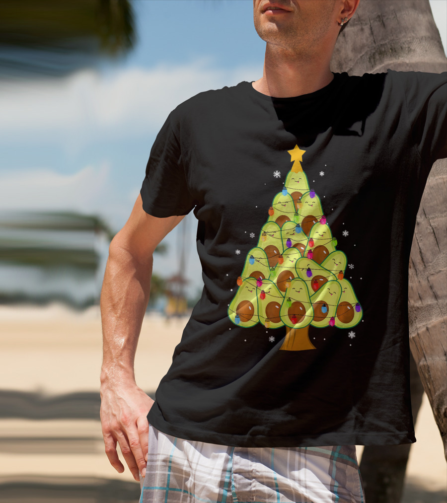 Avocado Christmas Tree With Colorful Lights Vegan Guac Green T-Shirt