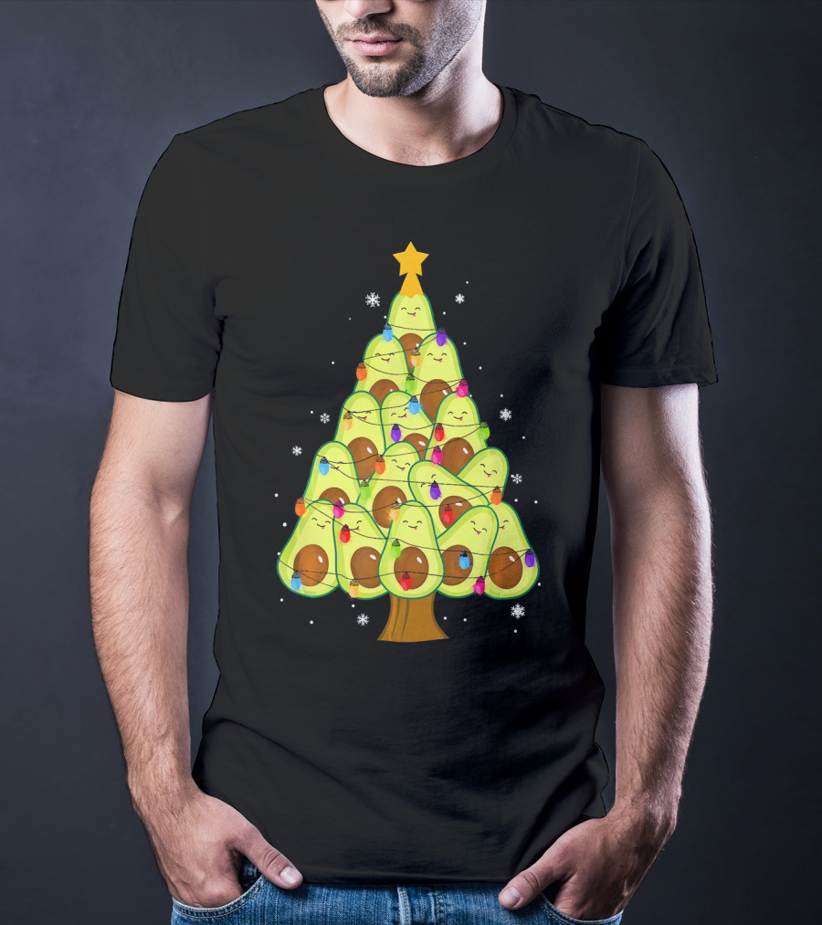 Avocado Christmas Tree With Colorful Lights Vegan Guac Green T-Shirt