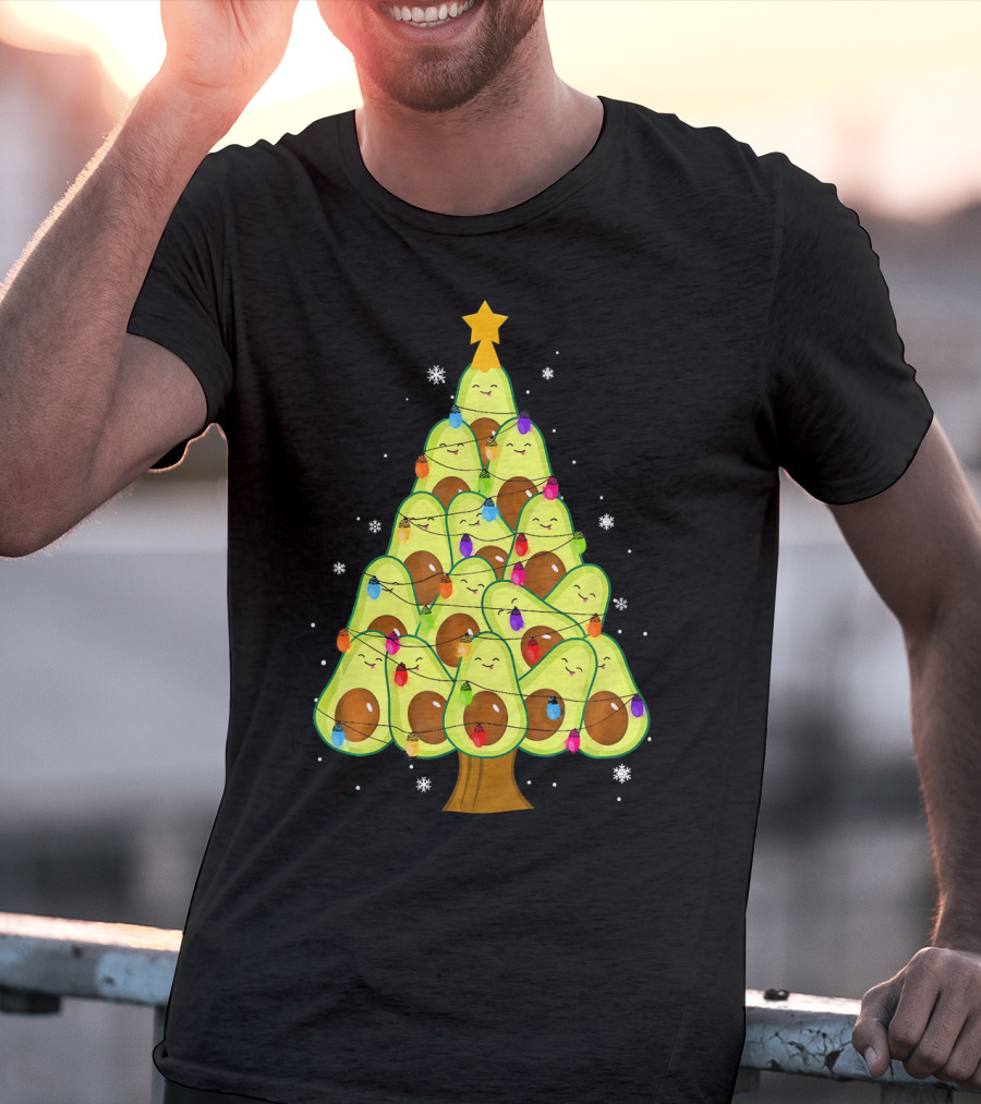Avocado Christmas Tree With Colorful Lights Vegan Guac Green T-Shirt
