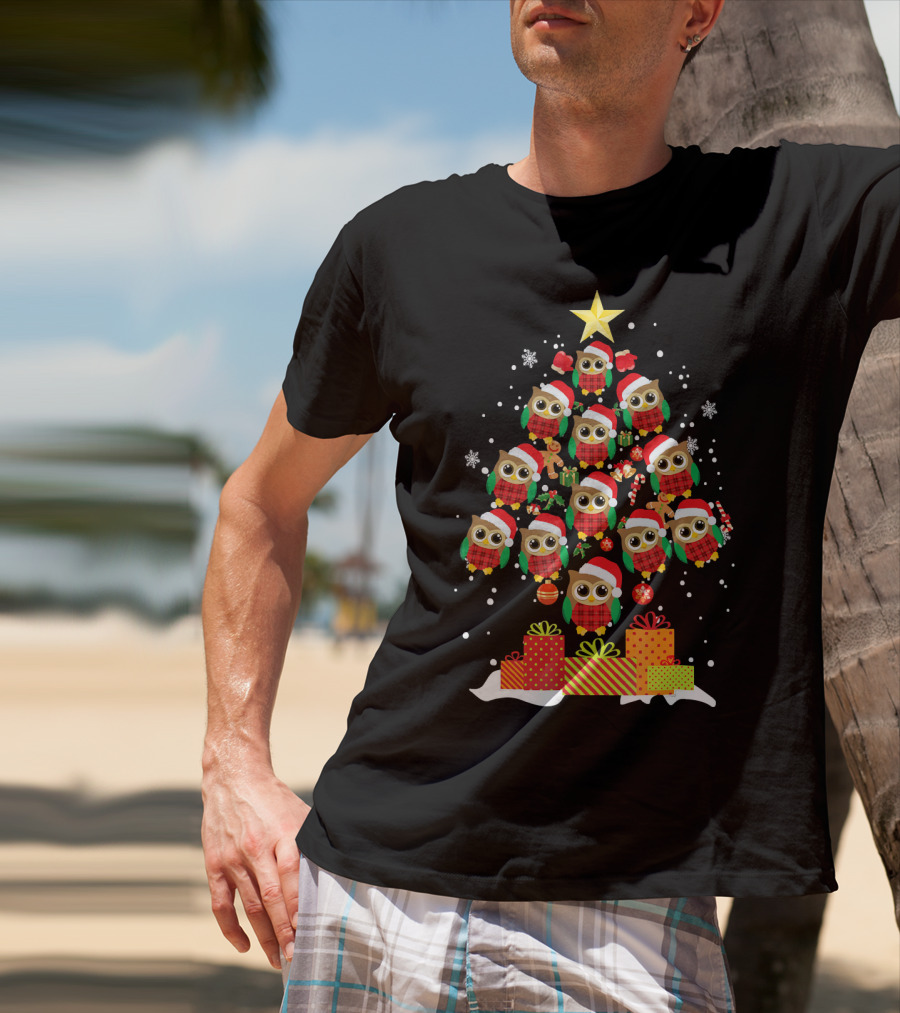 Owl Christmas Tree With Santa Hats And Presents For Owl Lovers T-Shirt