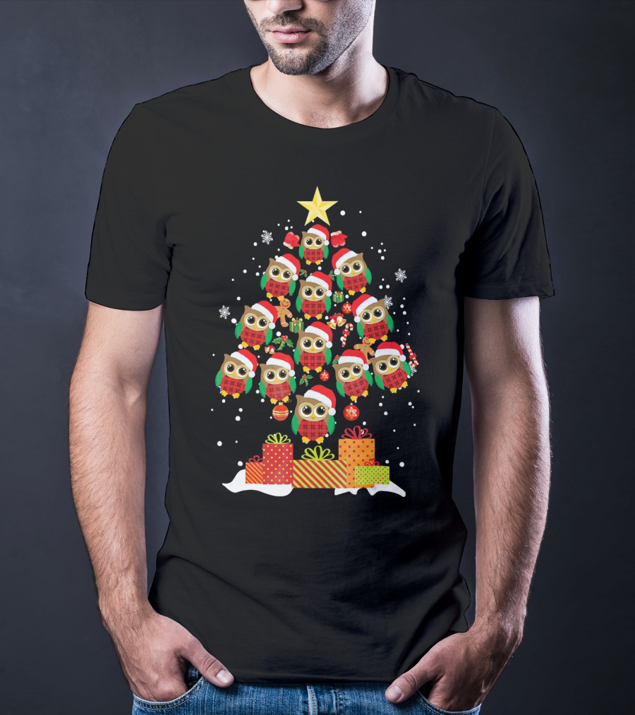 Owl Christmas Tree With Santa Hats And Presents For Owl Lovers T-Shirt