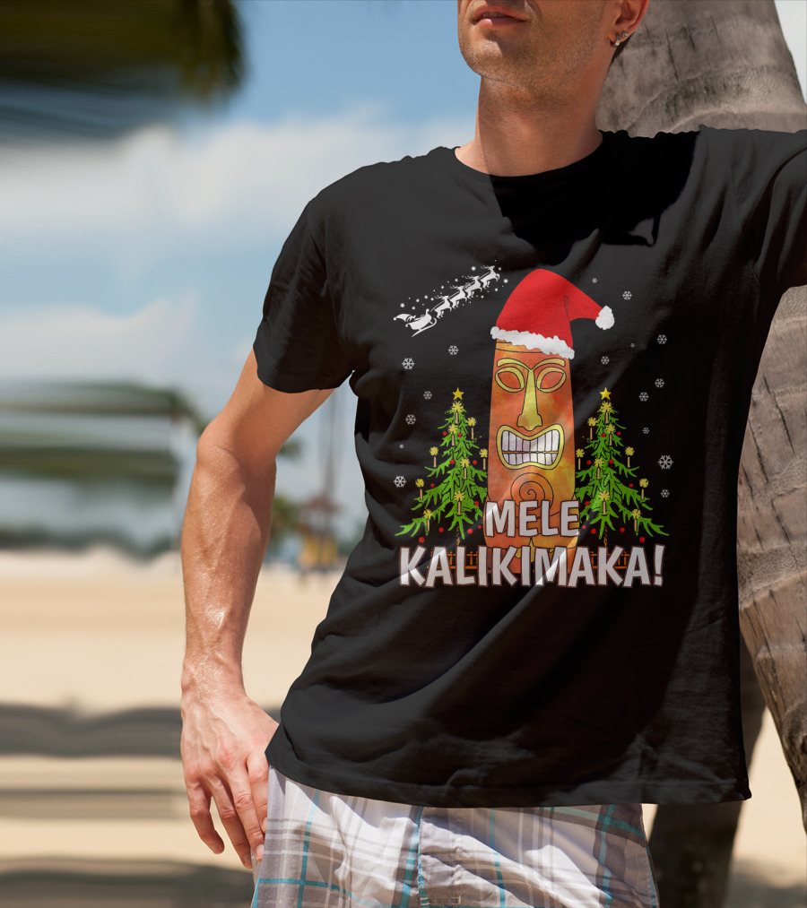 Mele Kalikimaka Santa Hat Tiki Christmas Trees Snowflakes Santa Sleigh T-Shirt