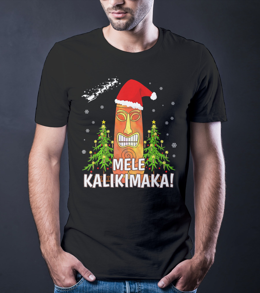 Mele Kalikimaka Santa Hat Tiki Christmas Trees Snowflakes Santa Sleigh T-Shirt