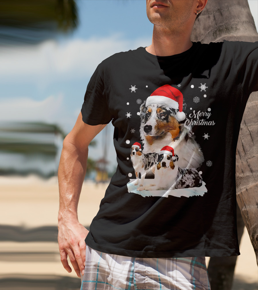 Australian Shepherds Merry Christmas Santa Hats Snowflakes T-Shirt
