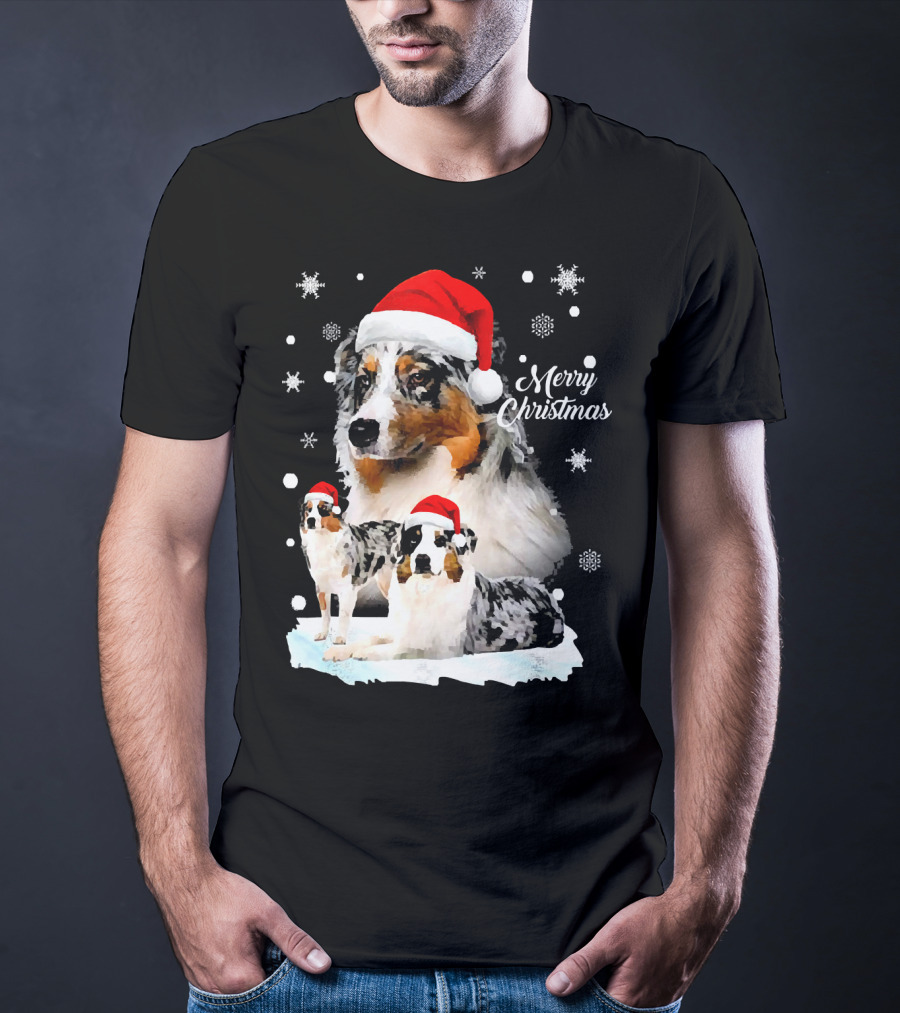 Australian Shepherds Merry Christmas Santa Hats Snowflakes T-Shirt