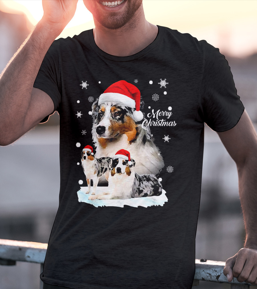 Australian Shepherds Merry Christmas Santa Hats Snowflakes T-Shirt