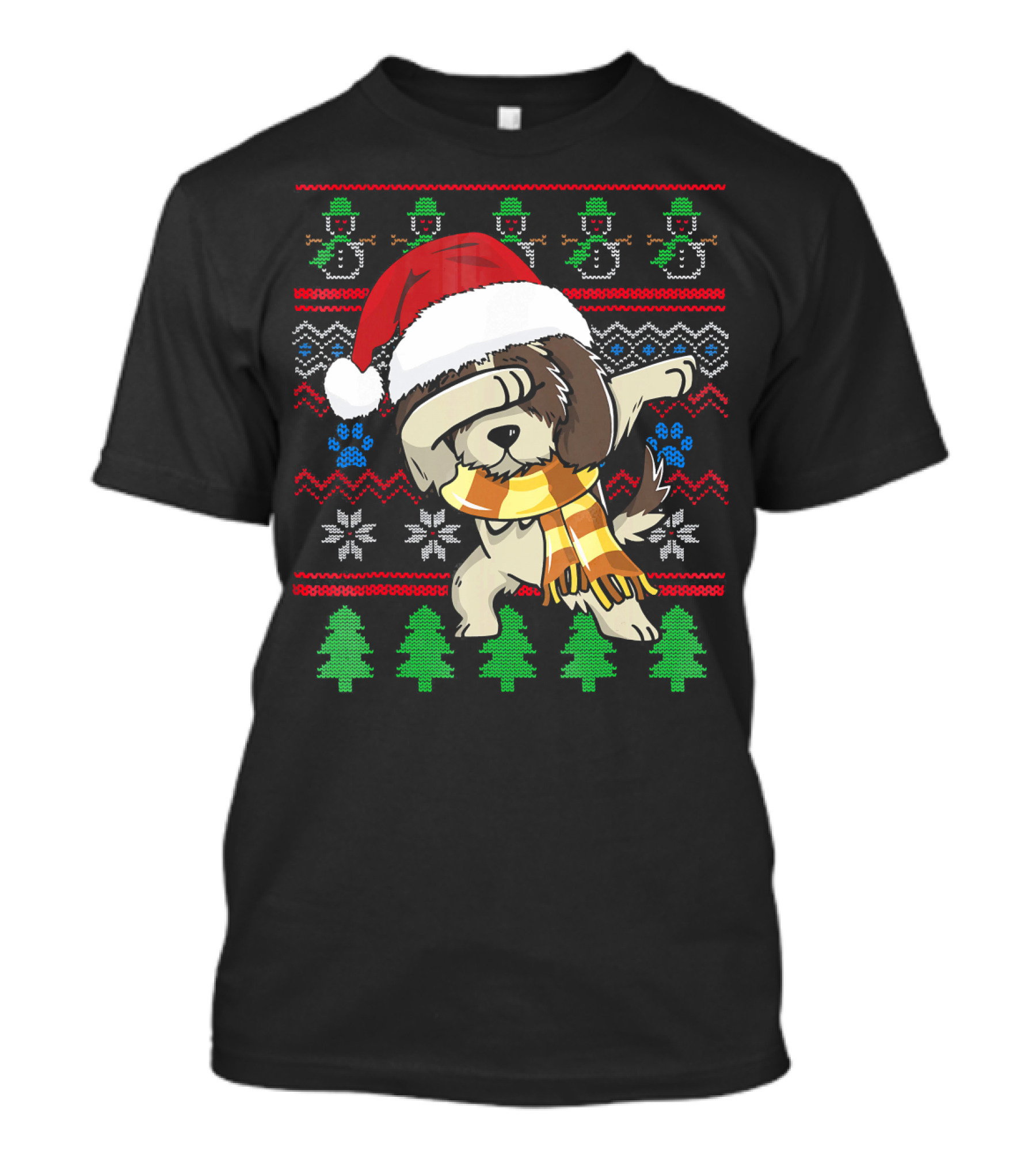 Shih Tzu Dabbing UglyStyle Christmas Santa Hat Scarf Snowflakes Trees T-Shirt
