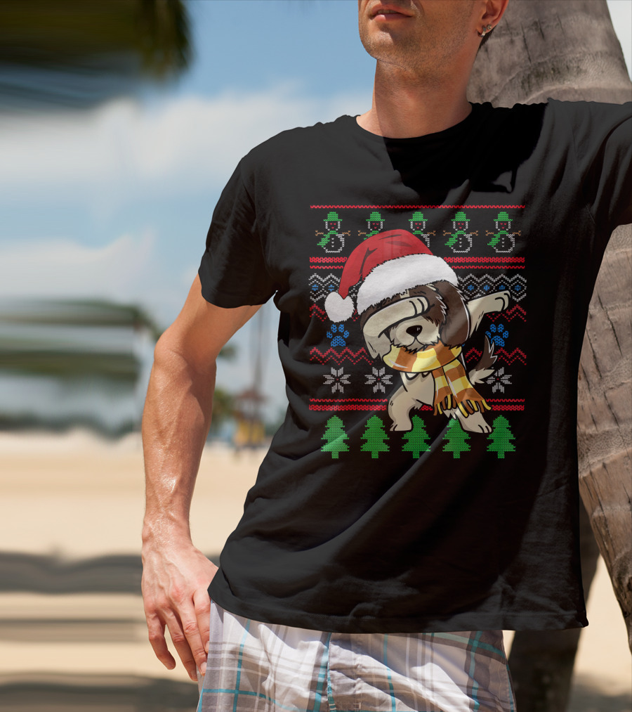 Shih Tzu Dabbing UglyStyle Christmas Santa Hat Scarf Snowflakes Trees T-Shirt
