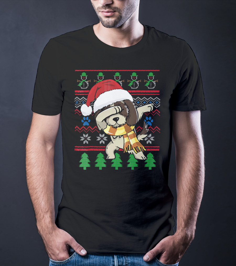 Shih Tzu Dabbing UglyStyle Christmas Santa Hat Scarf Snowflakes Trees T-Shirt