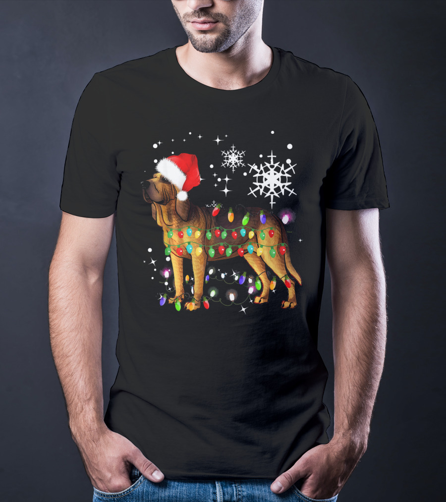 Bloodhound Dog Wrapped In Christmas Lights Santa Hat Snowflakes T-Shirt