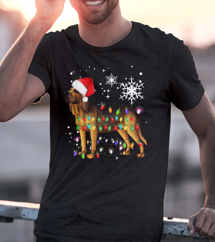 Bloodhound Dog Wrapped In Christmas Lights Santa Hat Snowflakes T-Shirt