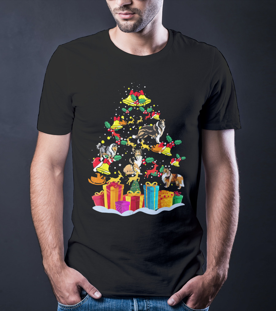 Rough Collie Christmas Tree Funny Reindeer Presents Holiday Bells T-Shirt