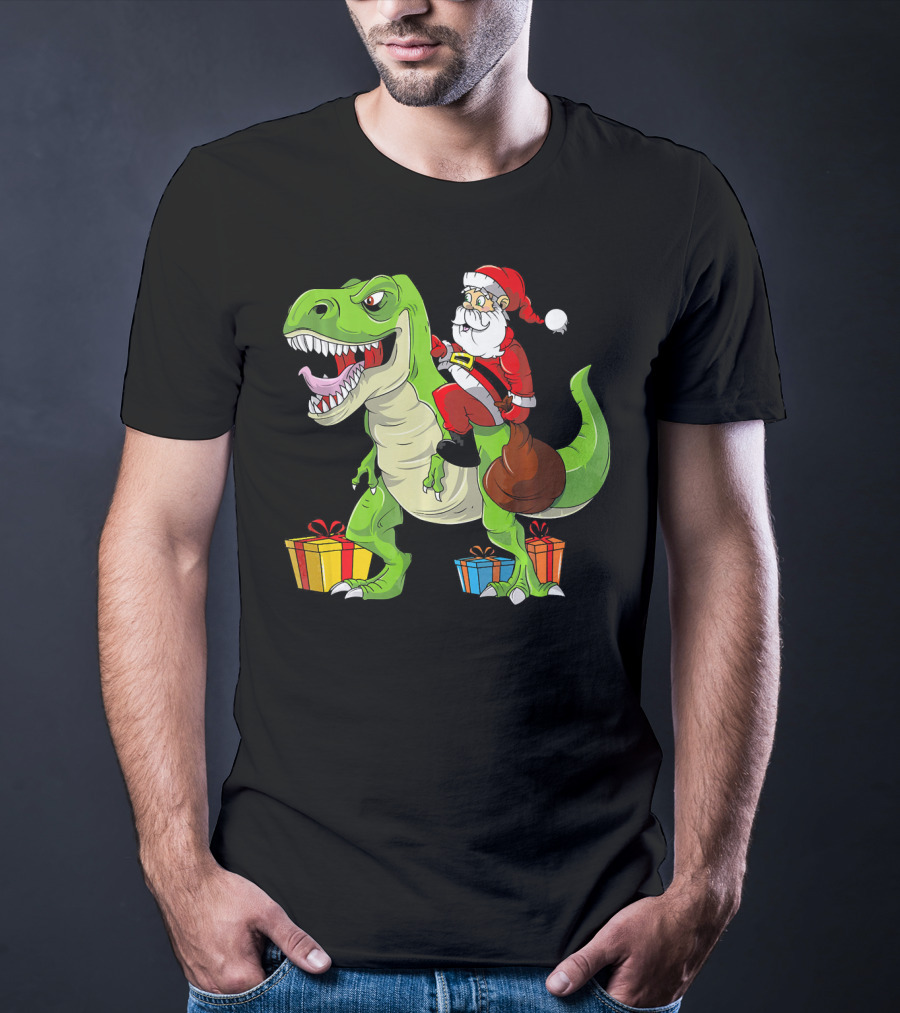 Funny Christmas Kids Santa Riding Dinosaur With Gifts T-Shirt