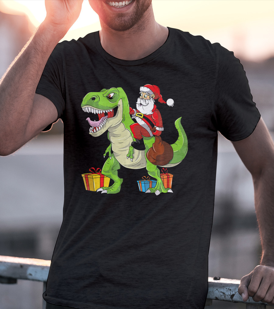 Funny Christmas Kids Santa Riding Dinosaur With Gifts T-Shirt