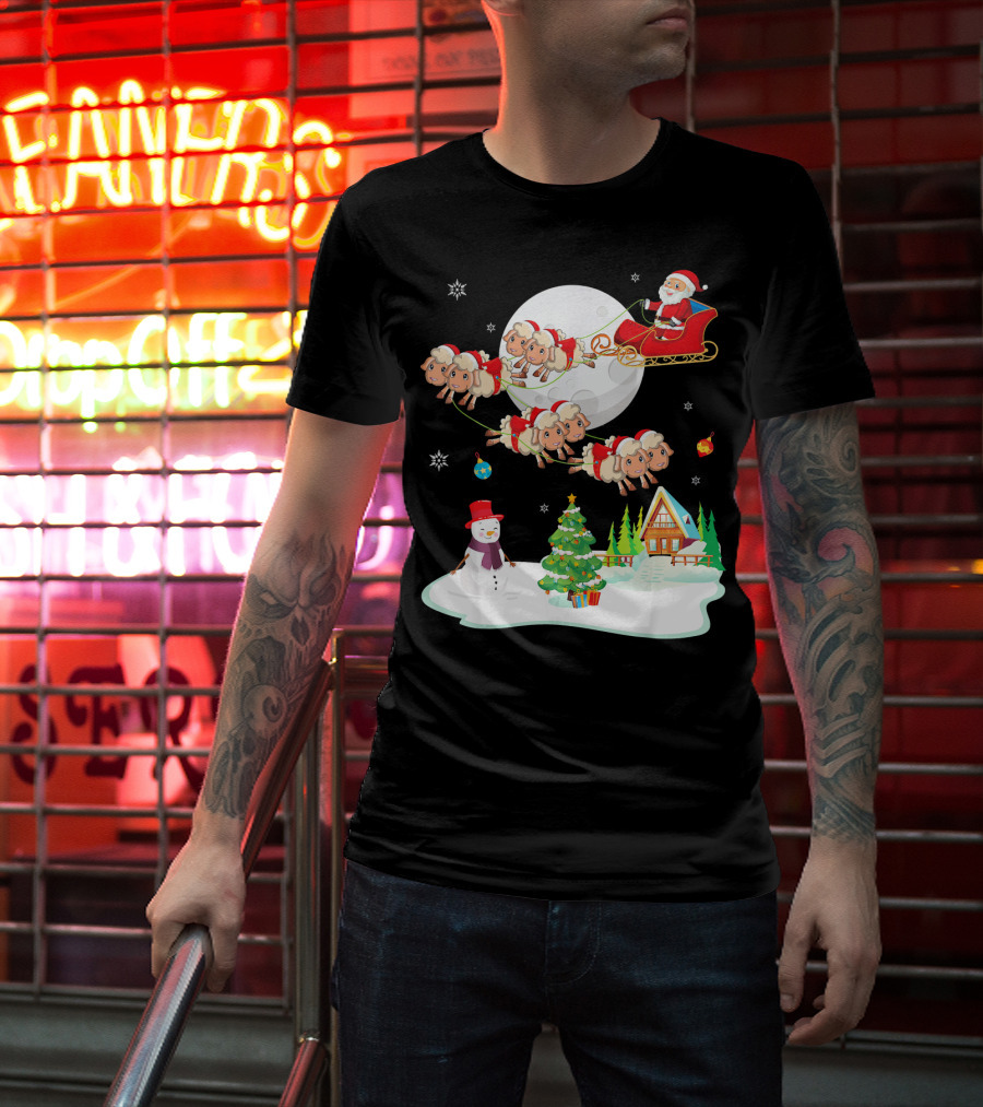 Santa Noel With Dancing Snowman And Sheep Sleigh By Moon T-Shirt