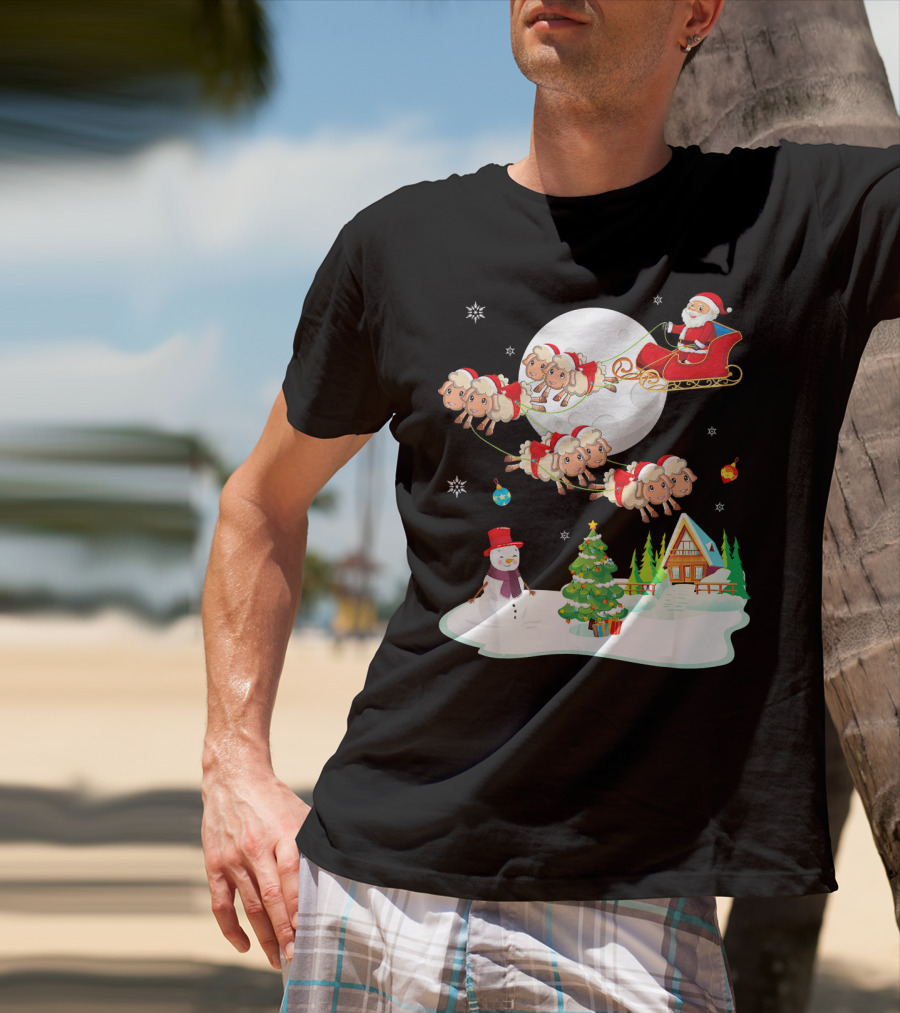 Santa Noel With Dancing Snowman And Sheep Sleigh By Moon T-Shirt