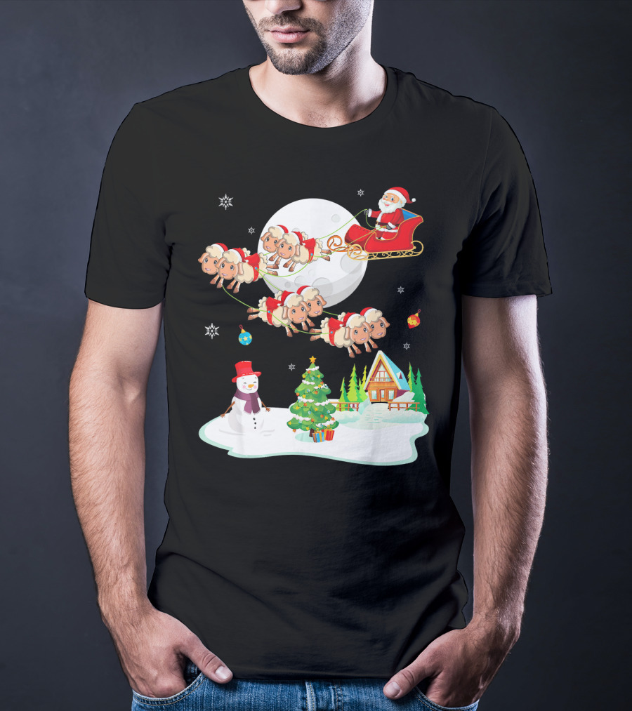 Santa Noel With Dancing Snowman And Sheep Sleigh By Moon T-Shirt