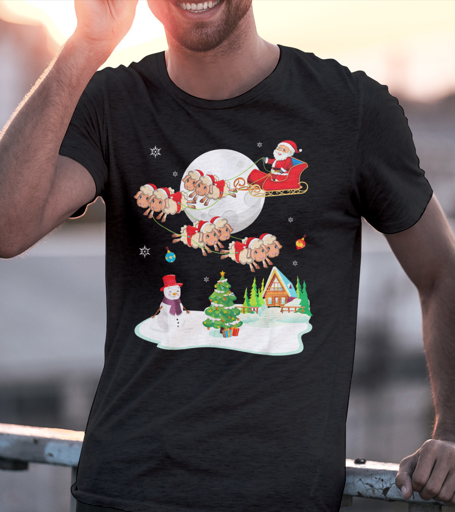 Santa Noel With Dancing Snowman And Sheep Sleigh By Moon T-Shirt