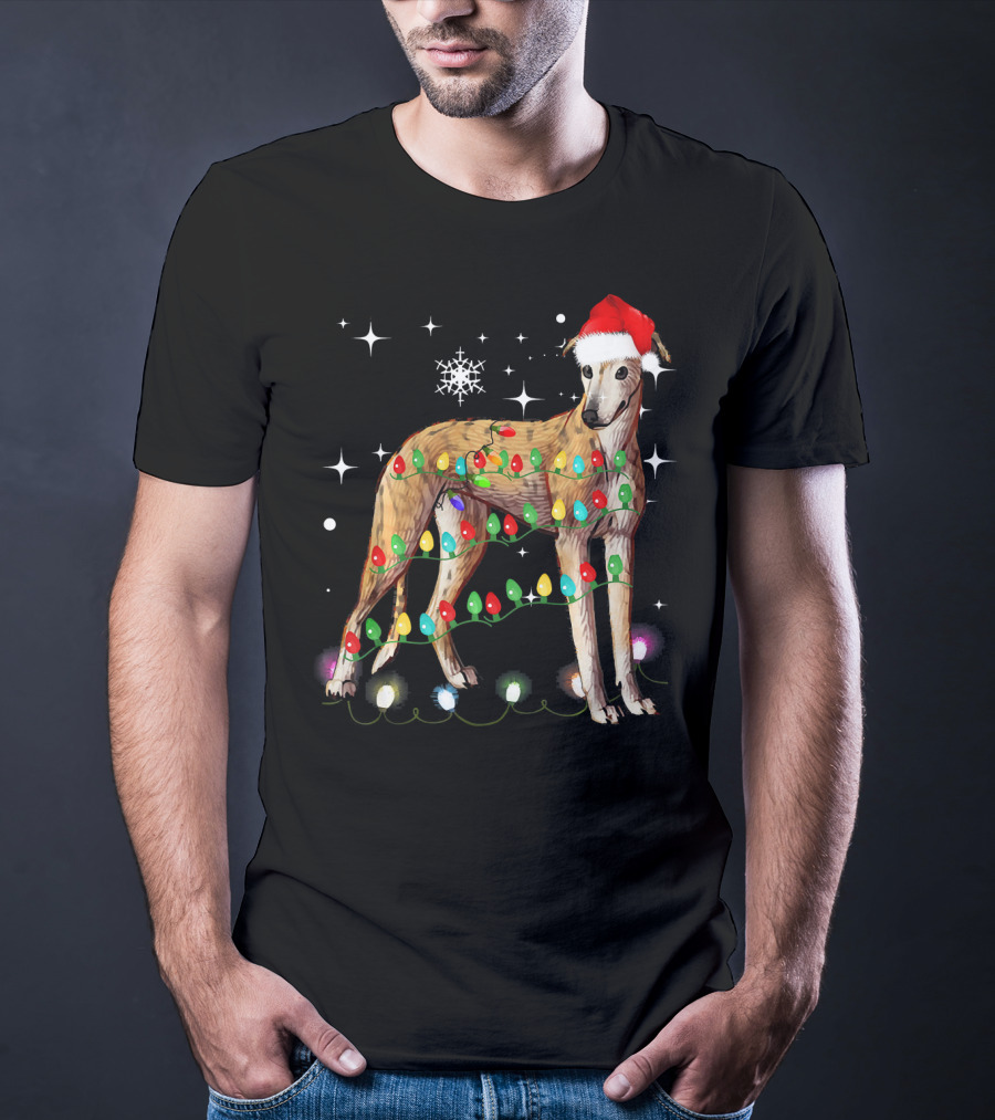Greyhound Dog With Christmas Lights And Santa Hat T-Shirt