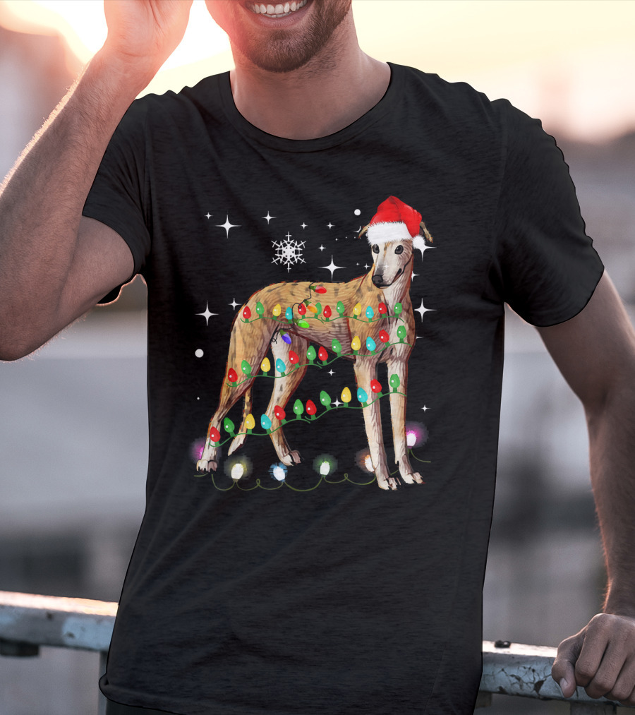Greyhound Dog With Christmas Lights And Santa Hat T-Shirt
