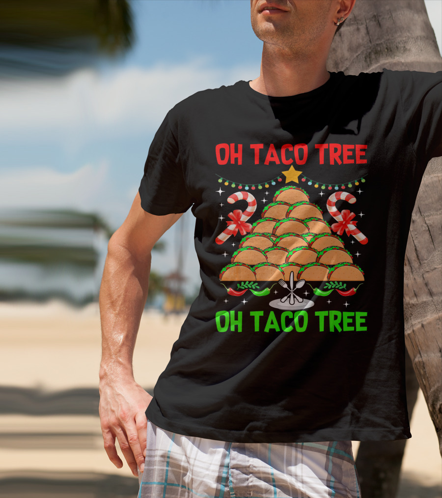 Oh Taco Tree Christmas Candy Cane Funny Party T-Shirt